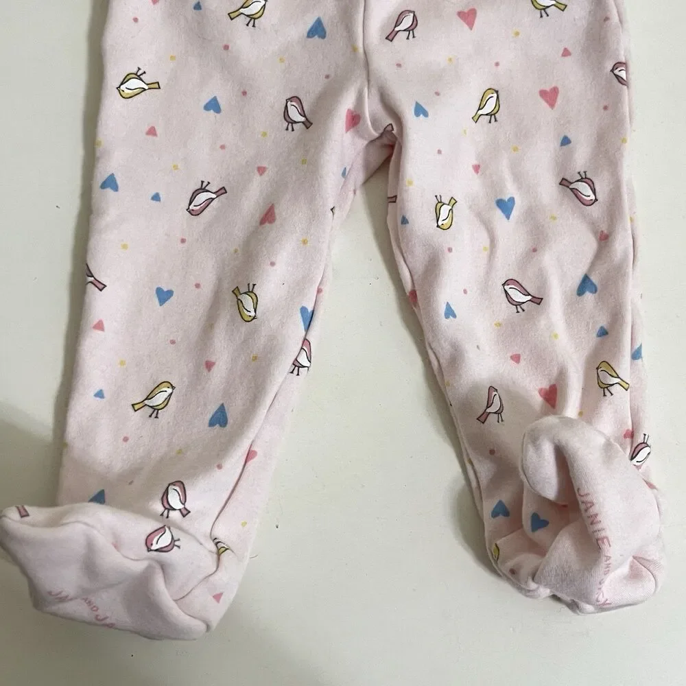 Janie and Jack Pink Bird Heart Kimono Top Footed Pants Set Baby Girl 3-6 Months